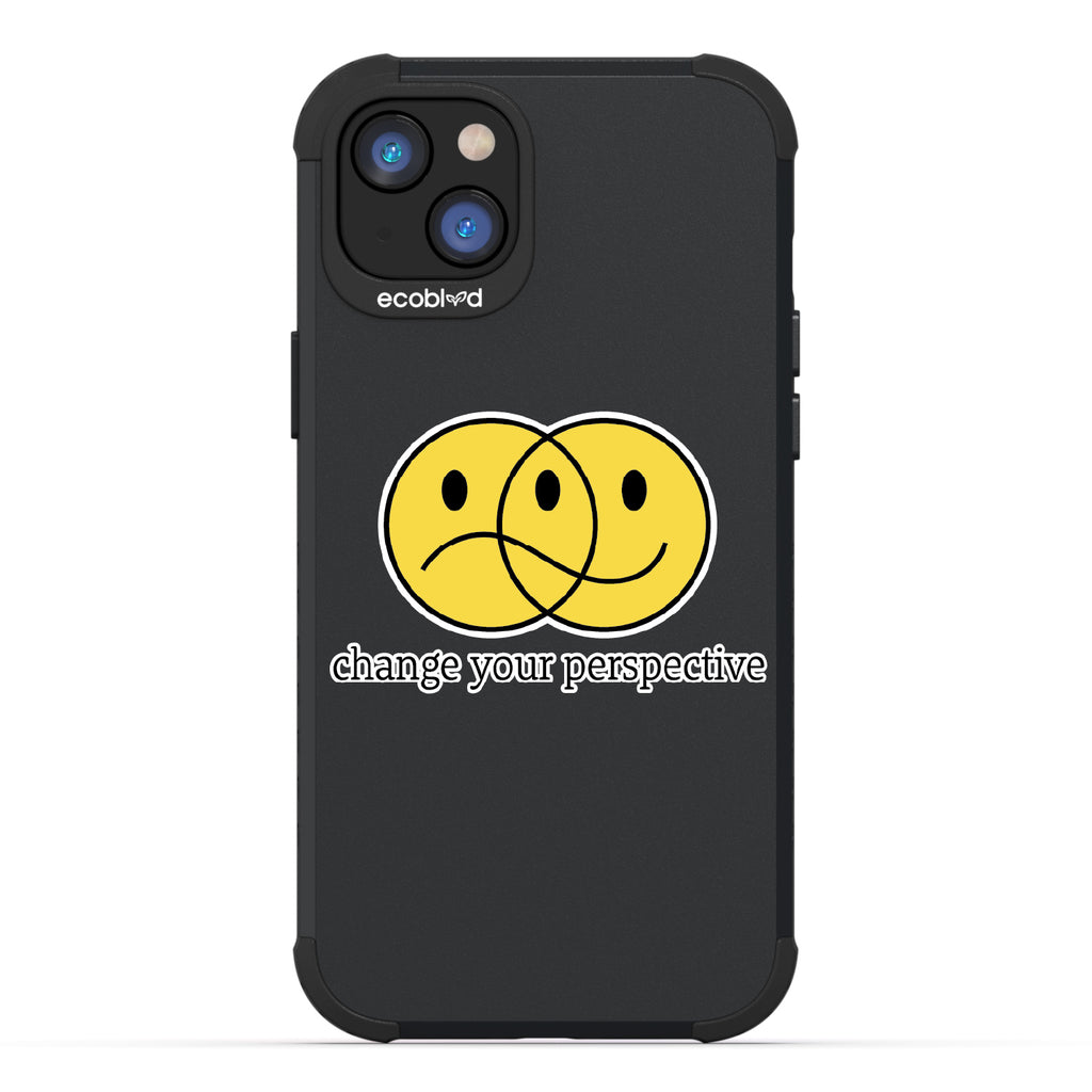 Perspective - Black Rugged Eco-Friendly iPhone 14 Case With A Happy/Sad Face & Change Your Perspective On Back