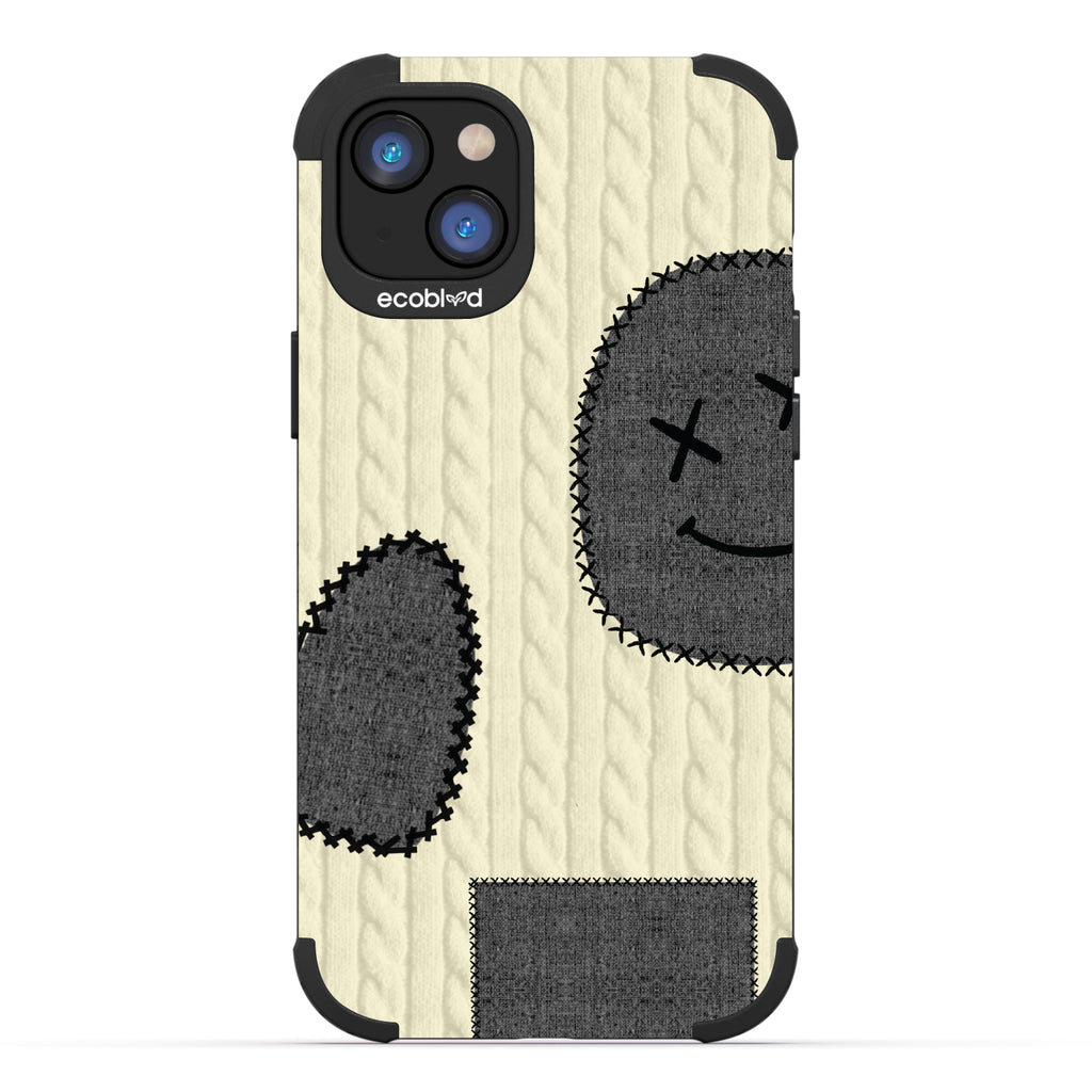 All Patched Up - Cable Knit With Patches of Heart + Happy Face - Black Eco-Friendly Rugged iPhone 14 Case  