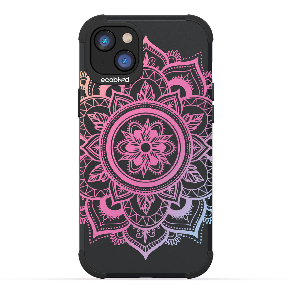 Mandala - Black Rugged Eco-Friendly iPhone 14 Case With A Pink Lotus Flower Mandala On Back