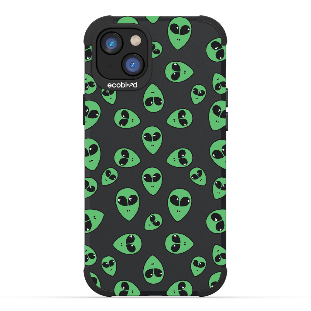 Aliens - Black Rugged Eco-Friendly iPhone 14 Case With Green Cartoon Alien Heads On Back