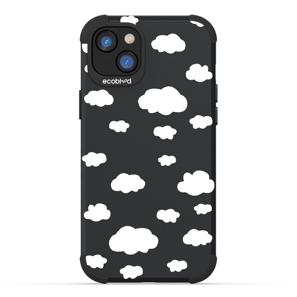 Clouds - Black Rugged Eco-Friendly iPhone 14 Plus Case With A Fluffy White Cartoon Clouds Print On Back