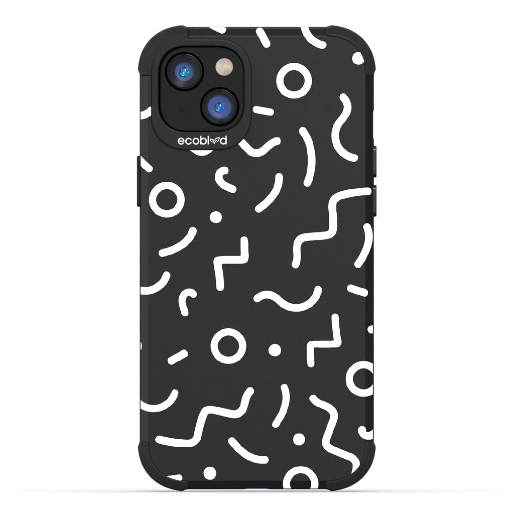 90?€?s Kids  - Black Rugged Eco-Friendly iPhone 14 Case With Retro 90?€?s Lines & Squiggles On Back