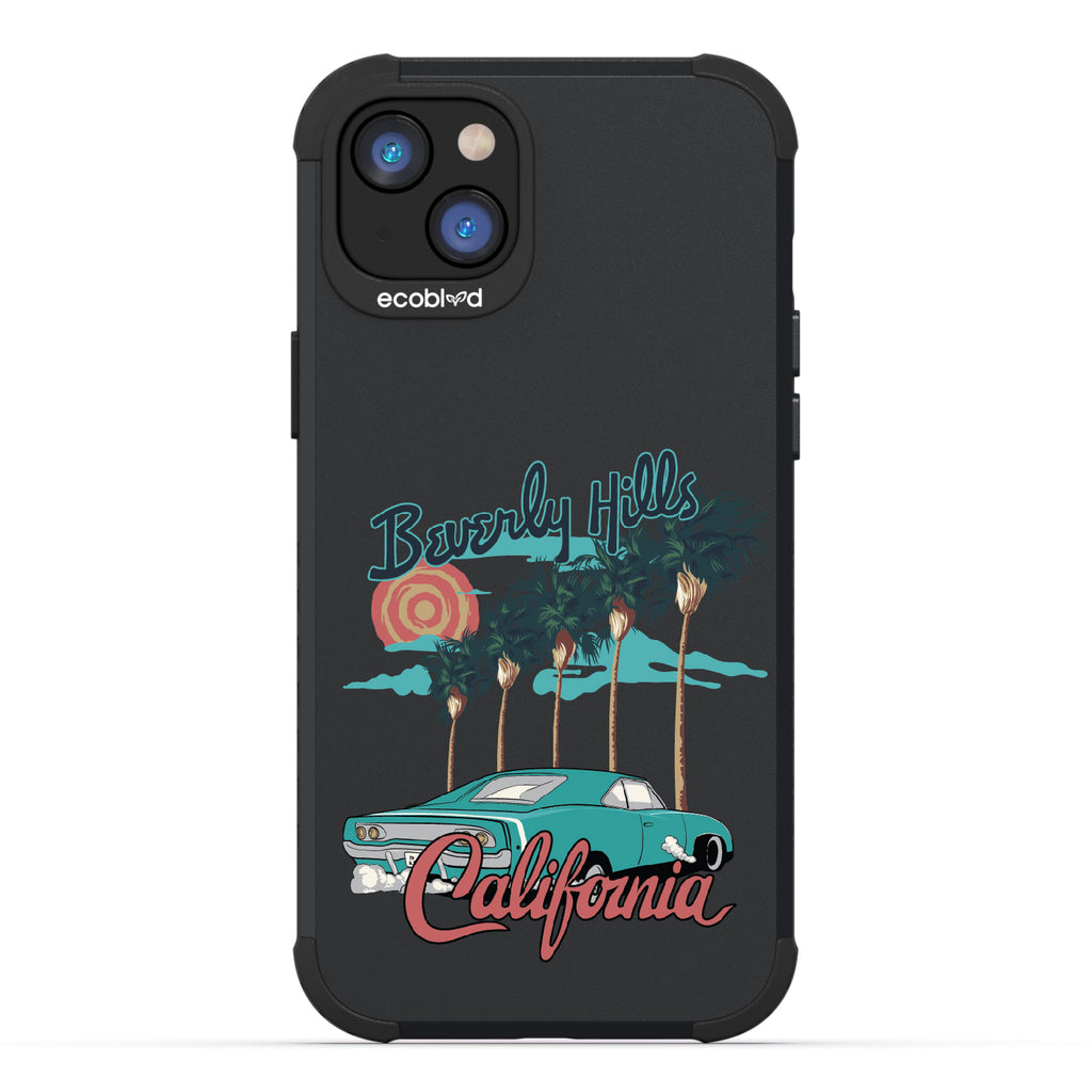 iPhone 14 Plus case, rugged compostable phone case in black, back view, 90210 design