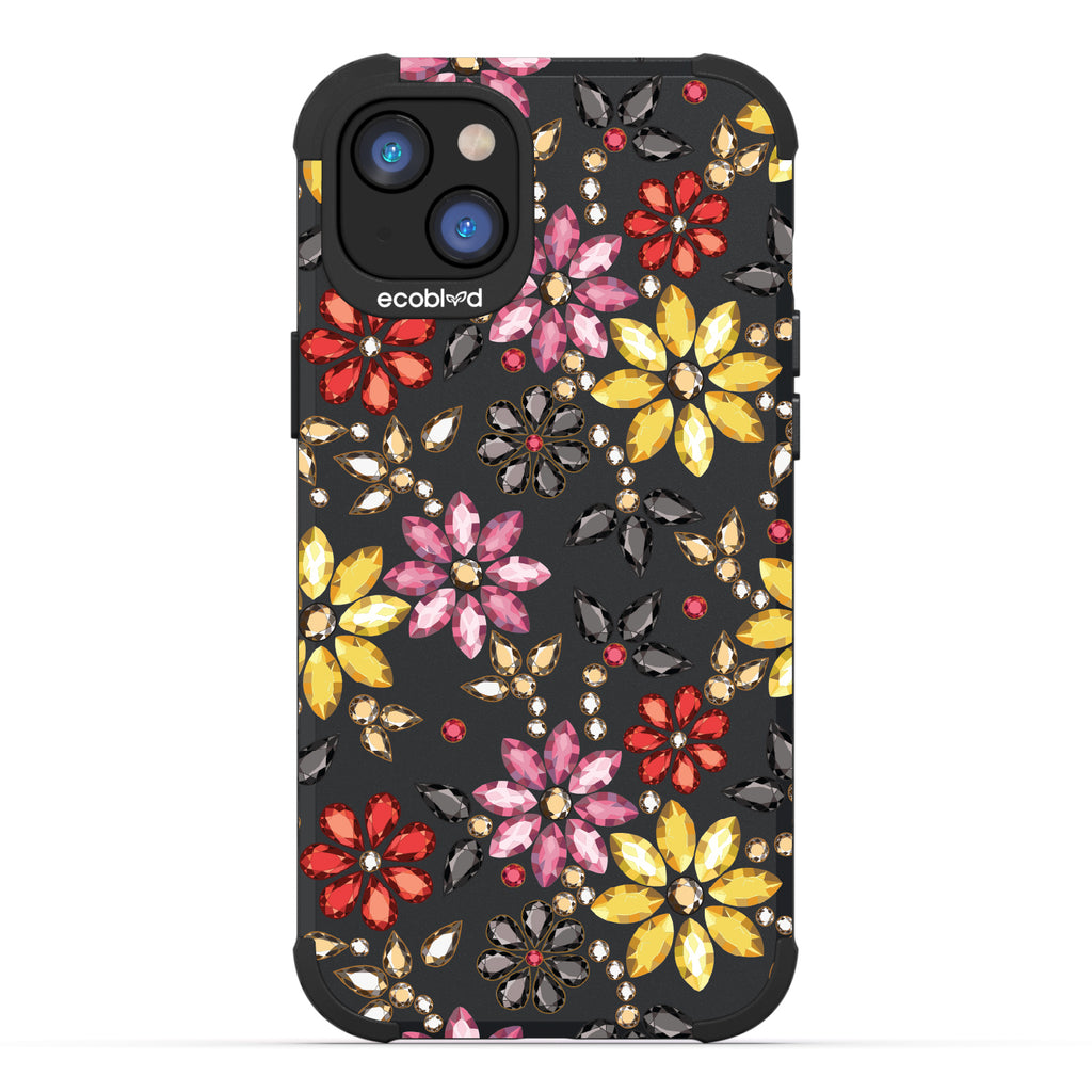 Bejeweled - Rhinestone Jewels In Floral Patterns - Black Eco-Friendly Rugged iPhone 14 Case 