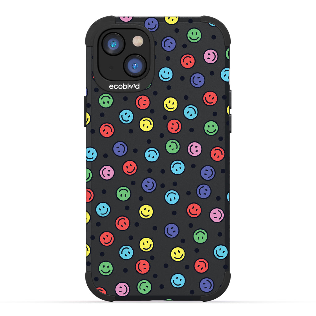 All Smiles - Black Rugged Eco-Friendly iPhone 14 Plus Case With Multicolored Smiley Faces & Black Dots On Back