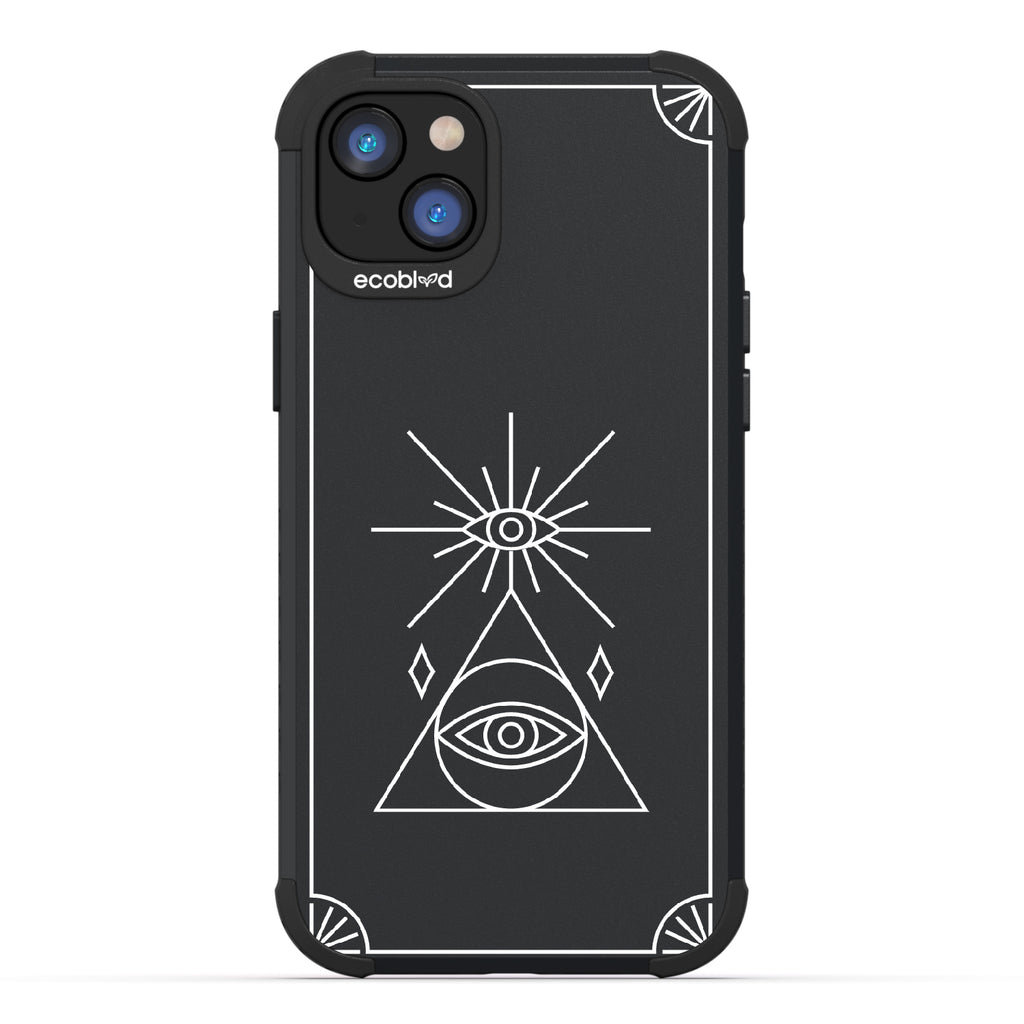 Tarot Card  - Black Rugged Eco-Friendly iPhone 14 Plus Case With An All-Seeing Eye Tarot Card On Back