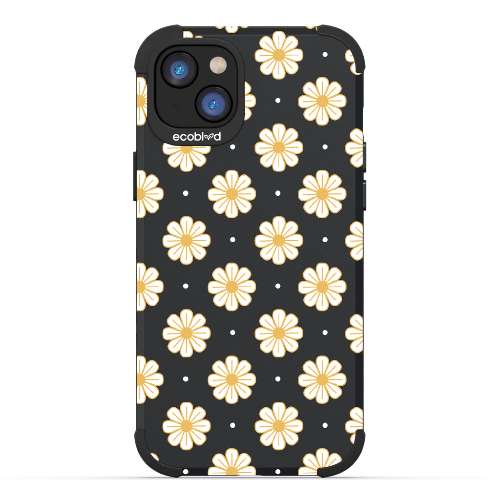 Daisy - Black Rugged Eco-Friendly iPhone 14 Case With A White Floral Pattern Of Daisies & Dots On Back