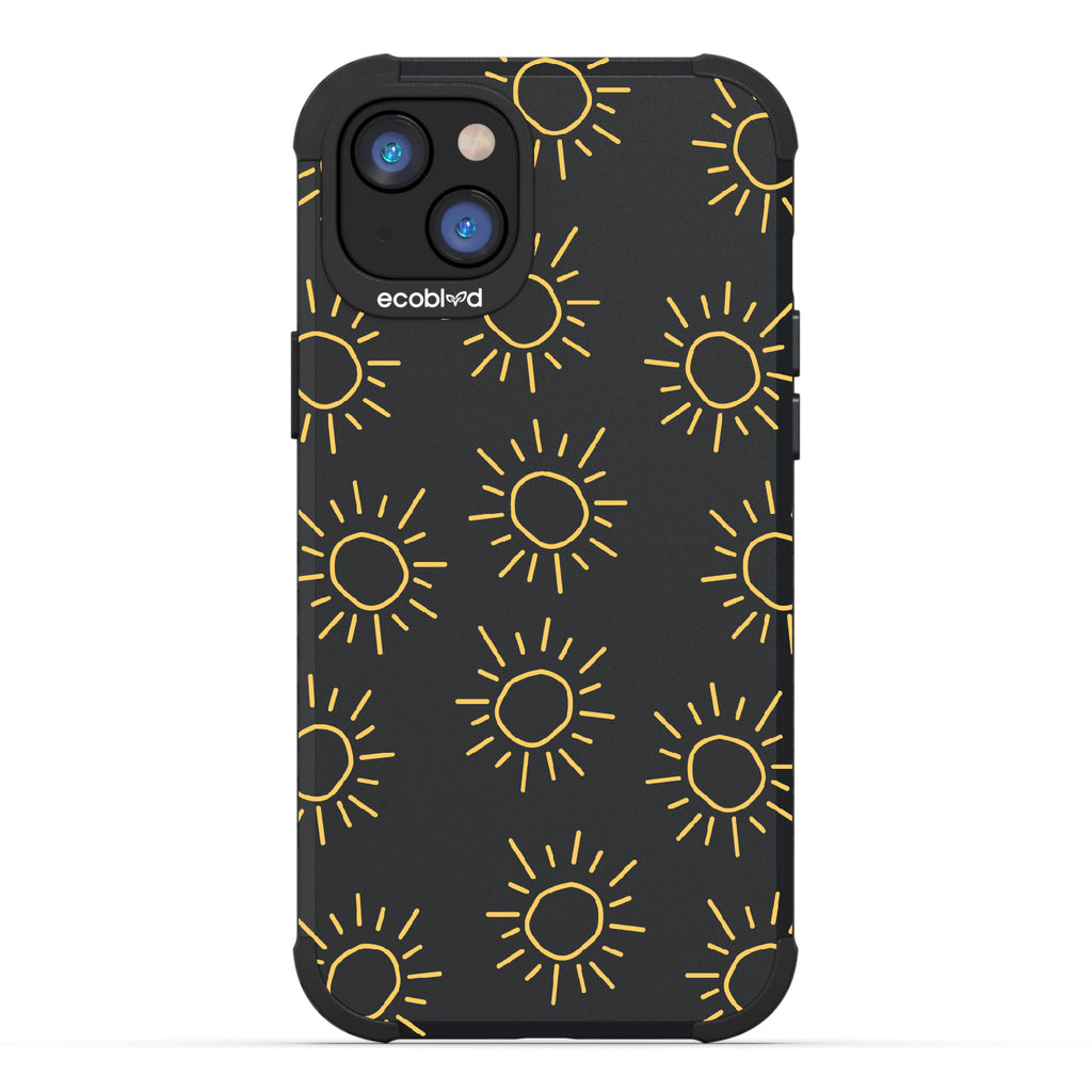 Sun - Black Rugged Eco-Friendly iPhone 14 Plus Case With Hand-Drawn Suns On Back