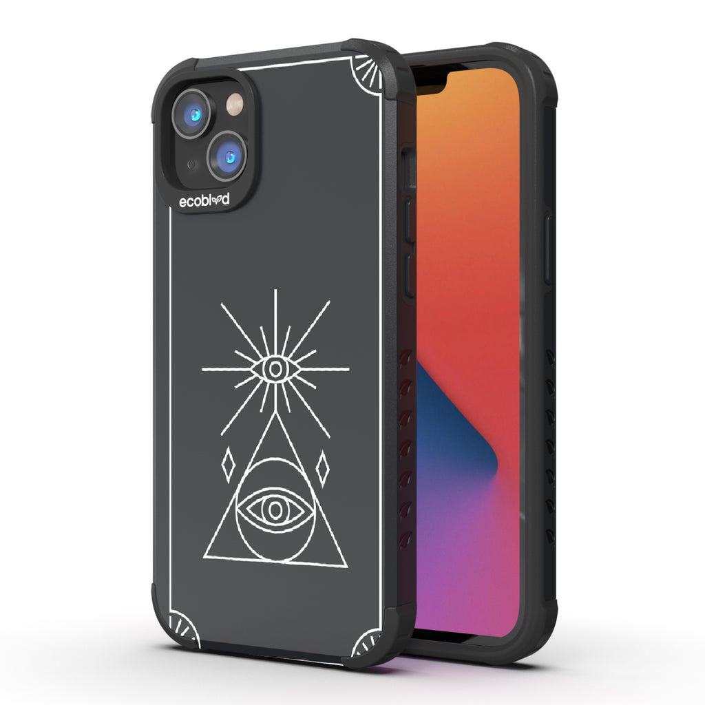 Tarot Card  - Back View Of Black & Eco-Friendly Rugged iPhone 14 Plus Case & A Front View Of The Screen