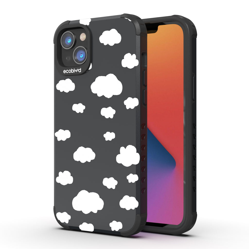 Clouds - Back View Of Black & Eco-Friendly Rugged iPhone 14 Plus Case & A Front View Of The Screen
