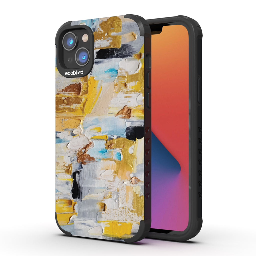 Front and back view of iPhone 14 Plus case, rugged compostable phone case in black, Lighten Up design