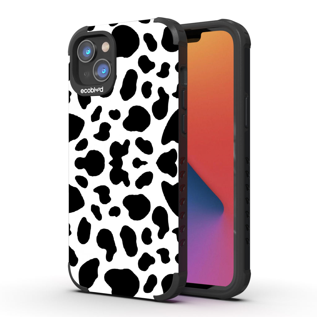 Cow Print - Back View Of Black & Eco-Friendly Rugged iPhone 14 Plus Case & A Front View Of The Screen
