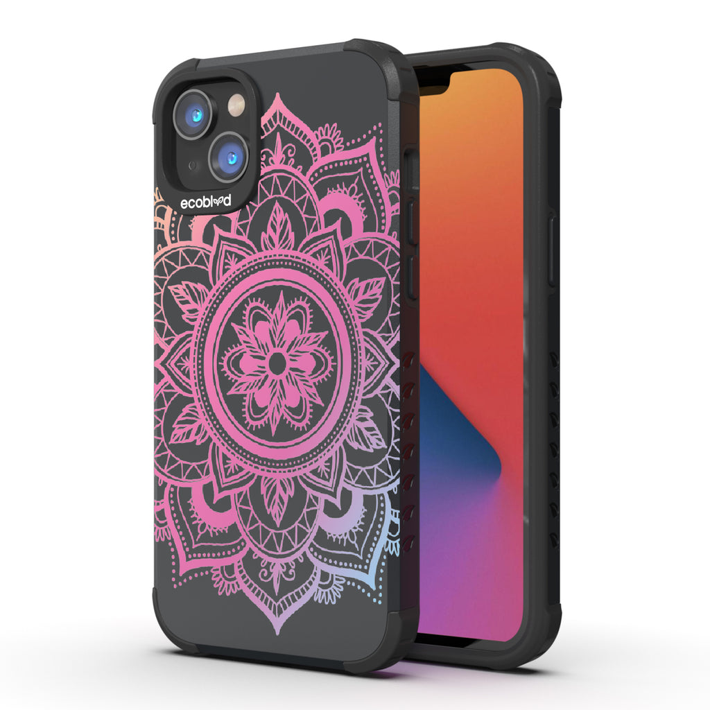 Mandala - Back View Of Black & Eco-Friendly Rugged iPhone 14 Plus Case & A Front View Of The Screen
