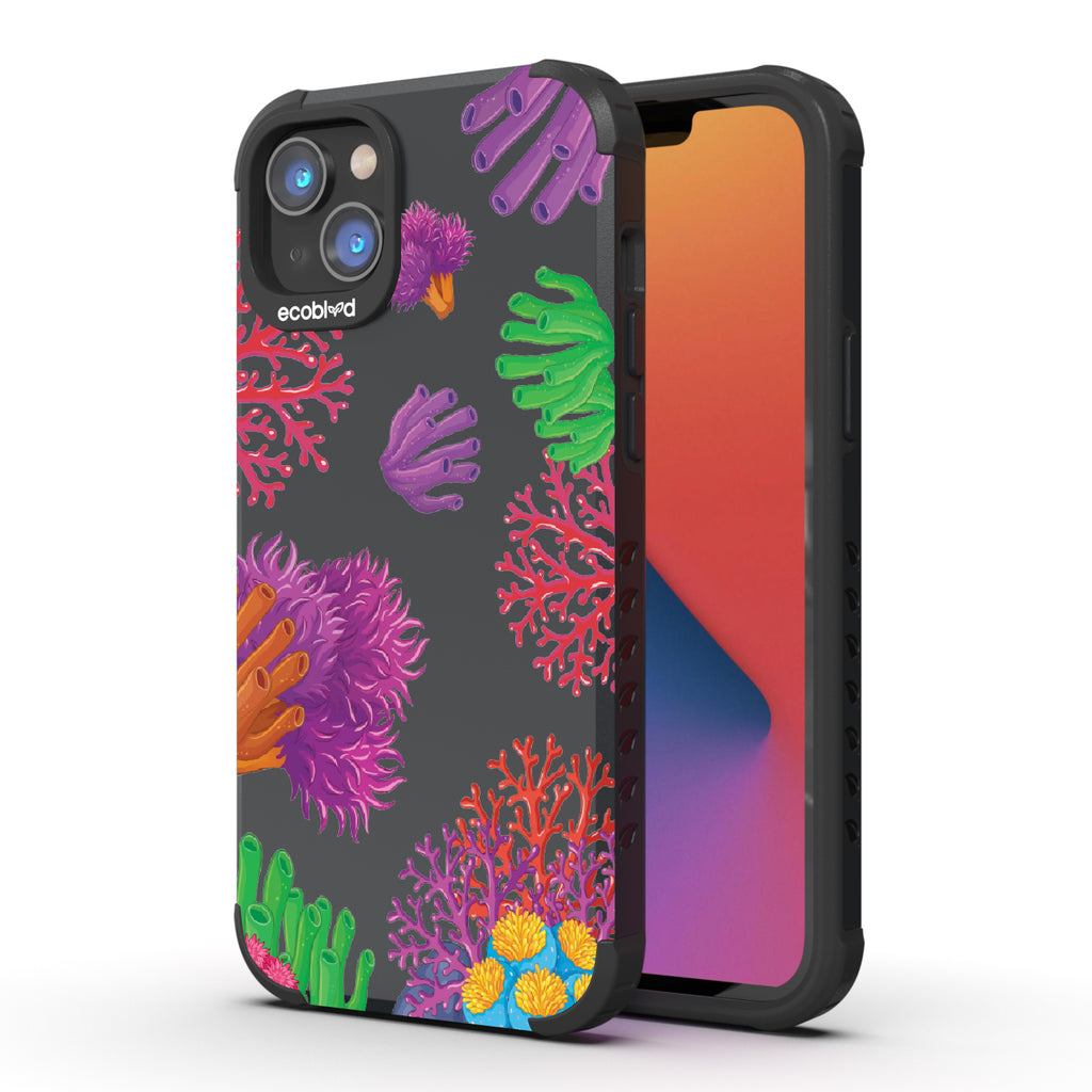 Coral Reef - Back View Of Black & Eco-Friendly Rugged iPhone 14 Case & A Front View Of The Screen