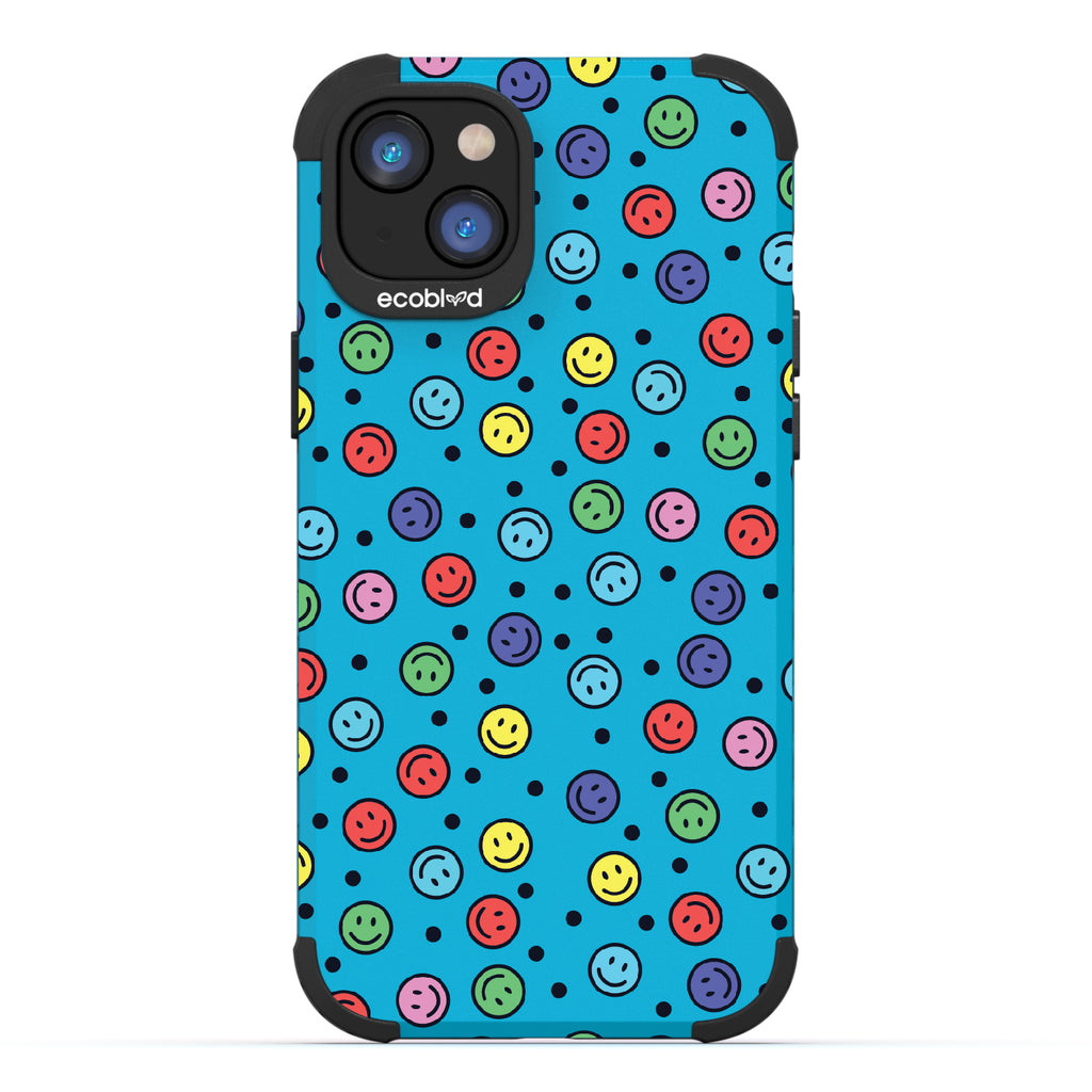 All Smiles - Blue Rugged Eco-Friendly iPhone 14 Case With Multicolored Smiley Faces & Black Dots On Back