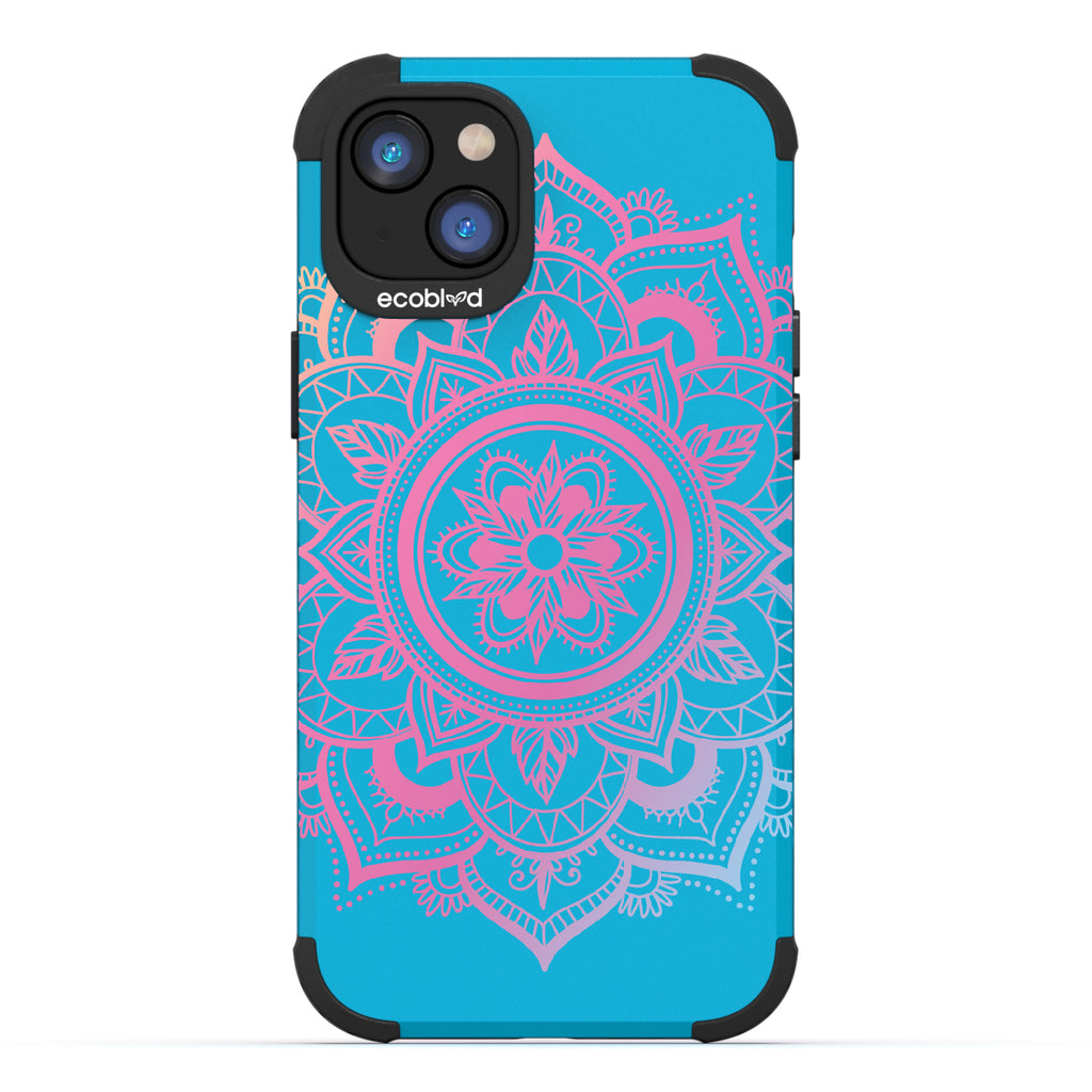 Mandala - Blue Rugged Eco-Friendly iPhone 14 Case With A Pink Lotus Flower Mandala On Back