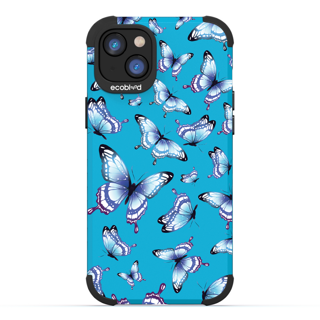 Social Butterfly - Blue Rugged Eco-Friendly iPhone 14 Case With Colorful Butterflies On Back
