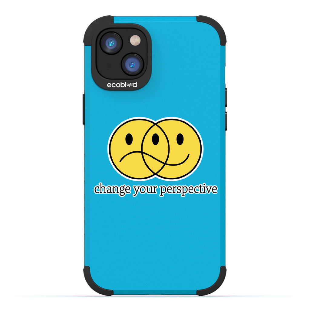 Perspective - Blue Rugged Eco-Friendly iPhone 14 Case With A Happy/Sad Face & Change Your Perspective On Back