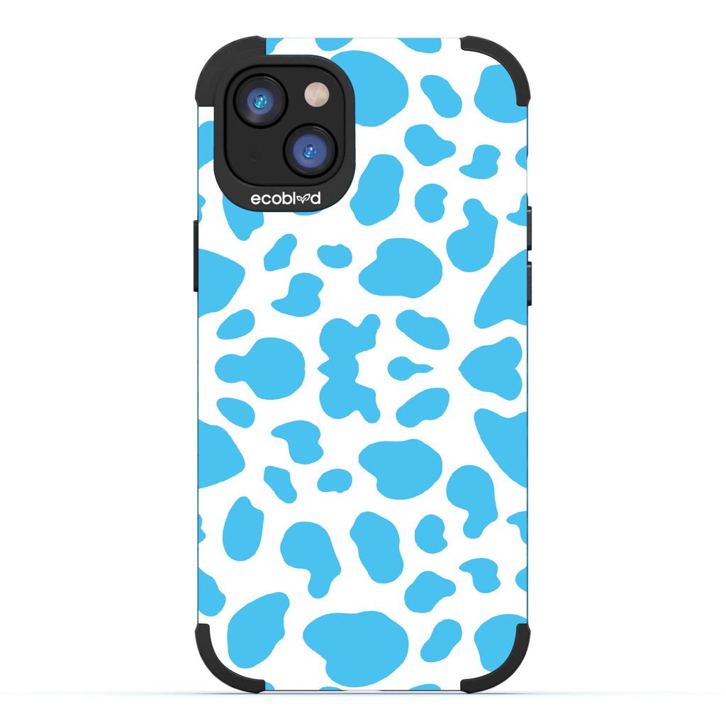 Cow Print - Blue Rugged Eco-Friendly iPhone 14 Plus Case With Blue Cow Print On Back
