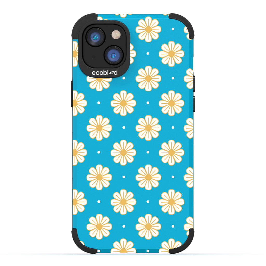 Daisy - Blue Rugged Eco-Friendly iPhone 14 Case With A White Floral Pattern Of Daisies & Dots On Back