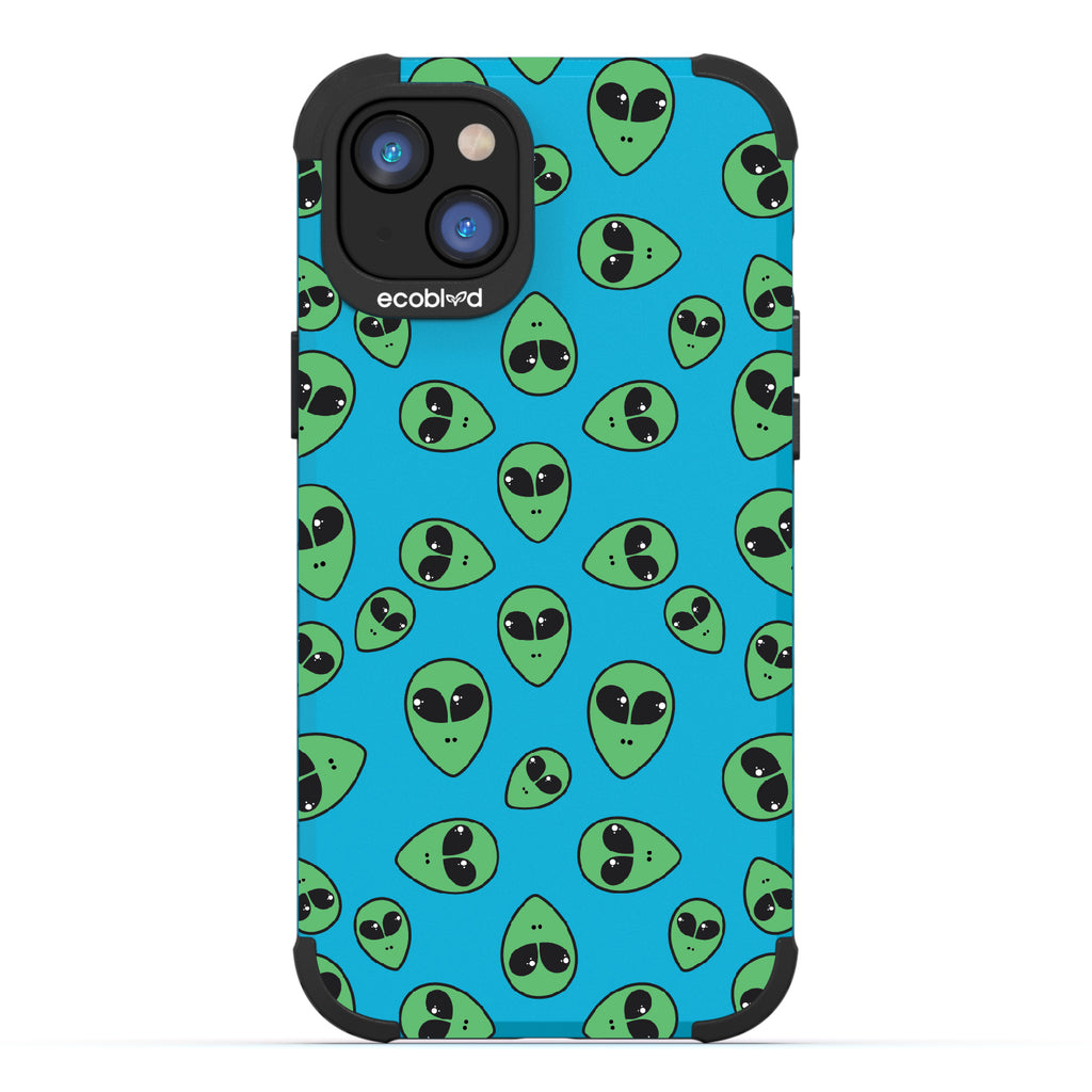 Aliens - Blue Rugged Eco-Friendly iPhone 14 Case With Green Cartoon Alien Heads On Back