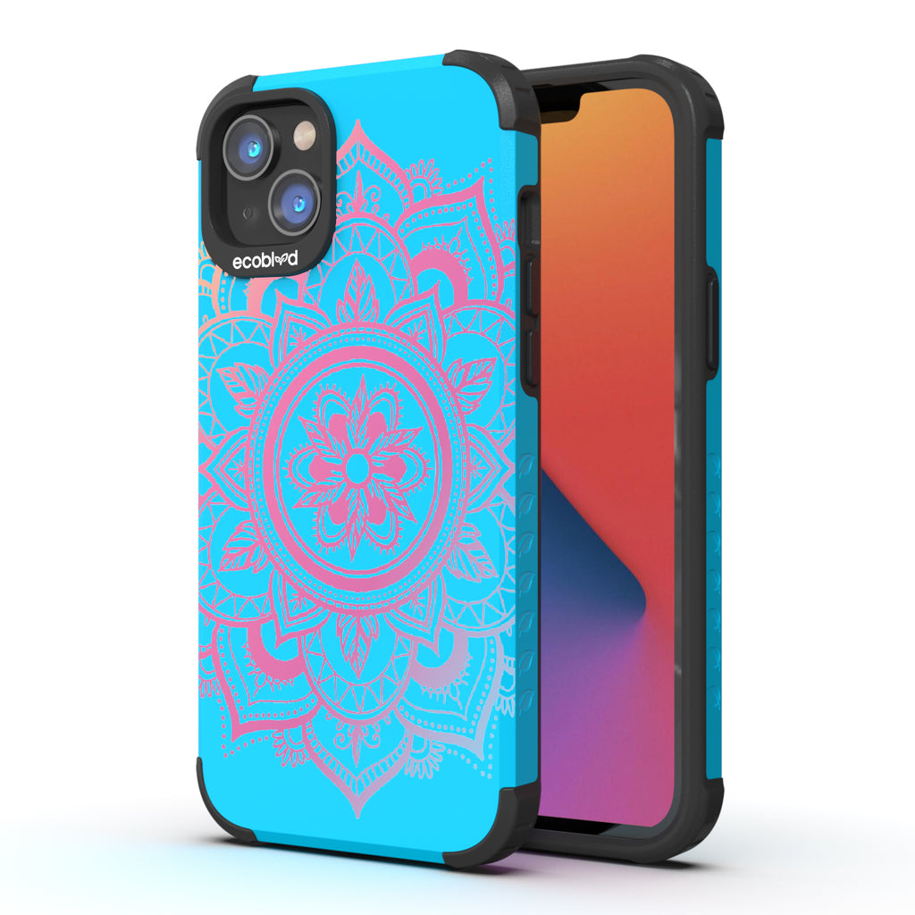 Mandala - Back View Of Blue & Eco-Friendly Rugged iPhone 14 Plus Case & A Front View Of The Screen