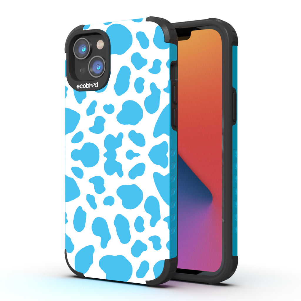 Cow Print - Back View Of Blue & Eco-Friendly Rugged iPhone 14 Case & A Front View Of The Screen
