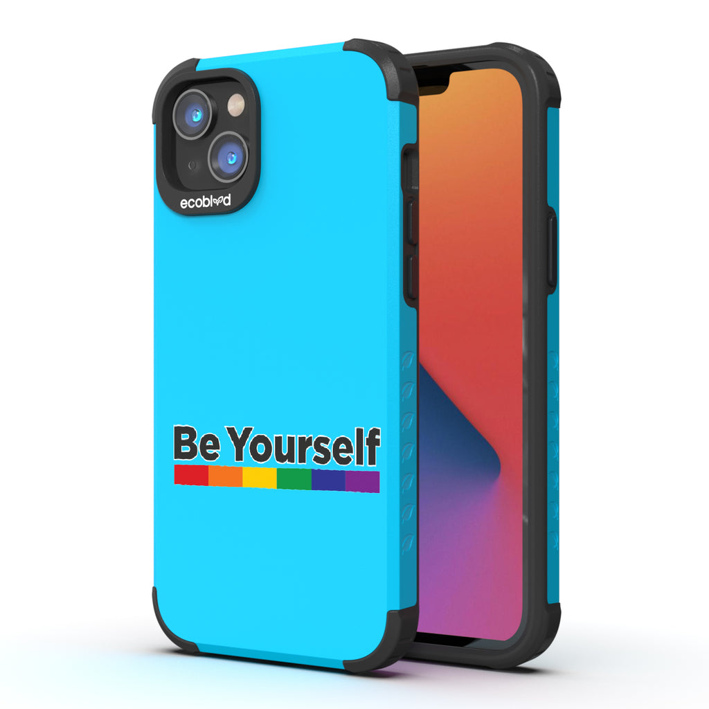 Be Yourself - Back View Of Blue Eco-Friendly iPhone 14 Plus Rugged Case & Front View Of Screen