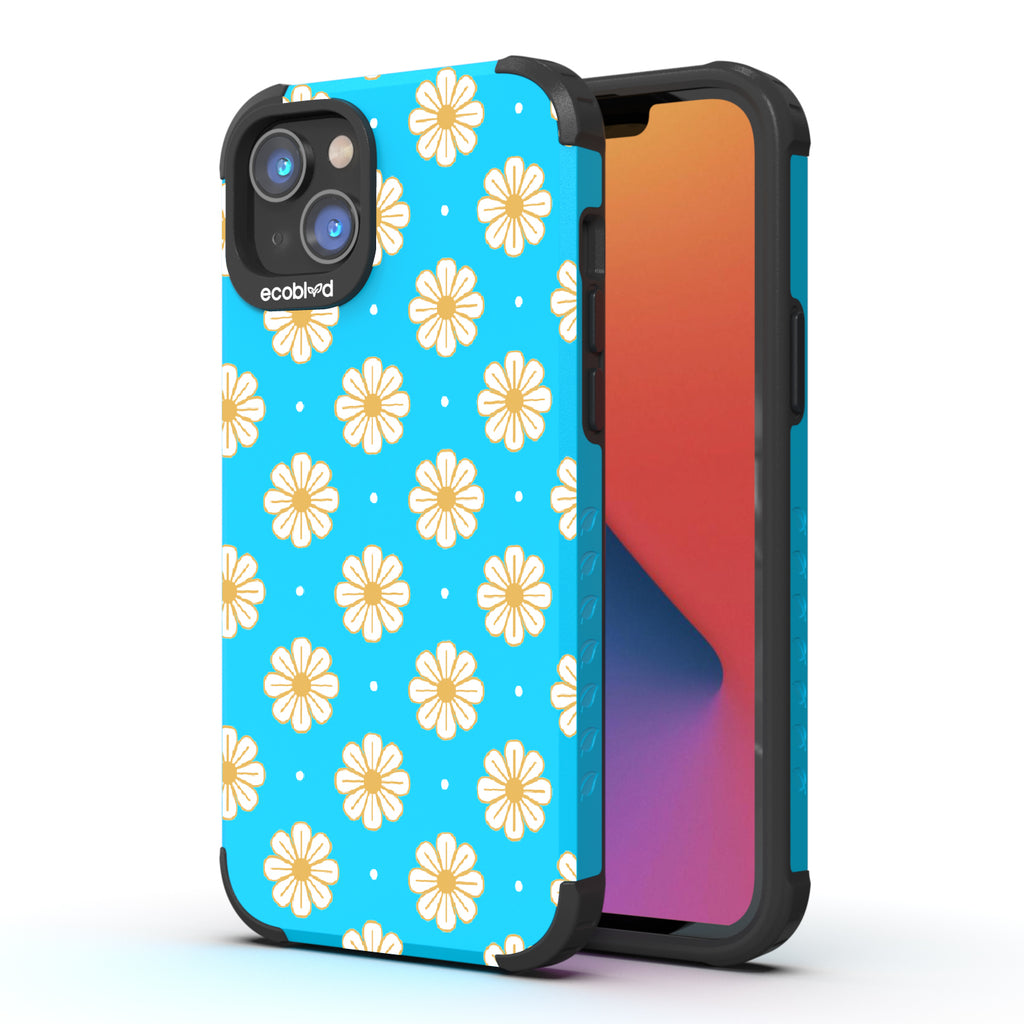 Daisy - Back View Of Blue & Eco-Friendly Rugged iPhone 14 Case & A Front View Of The Screen