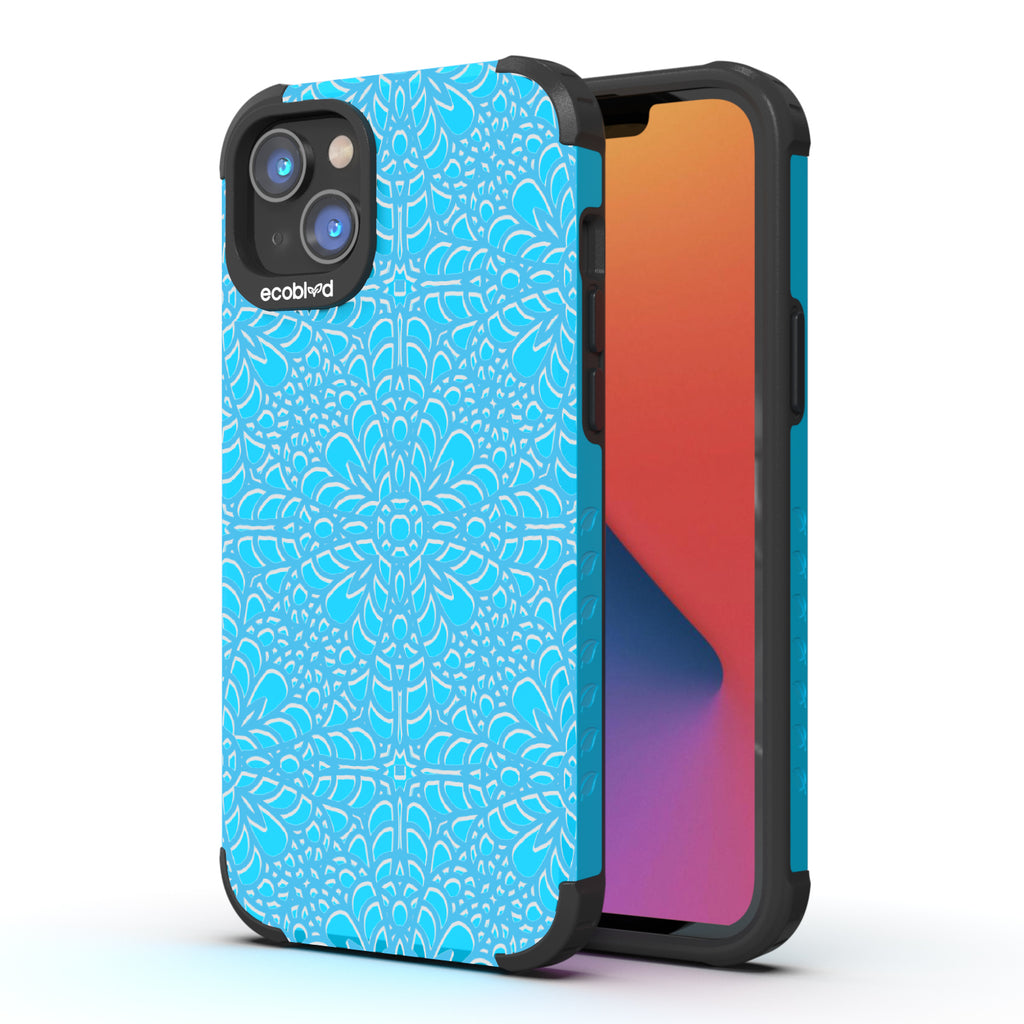 A Lil' Dainty - Back View Of Eco-Friendly Blue iPhone 14 Plus Rugged Case & Front View Of Screen