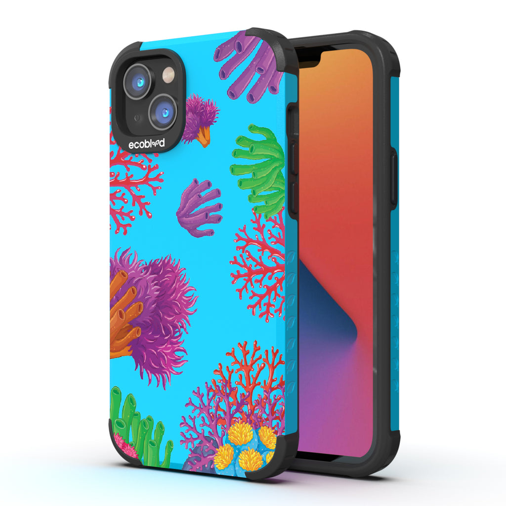 Coral Reef - Back View Of Blue & Eco-Friendly Rugged iPhone 14 Plus Case & A Front View Of The Screen
