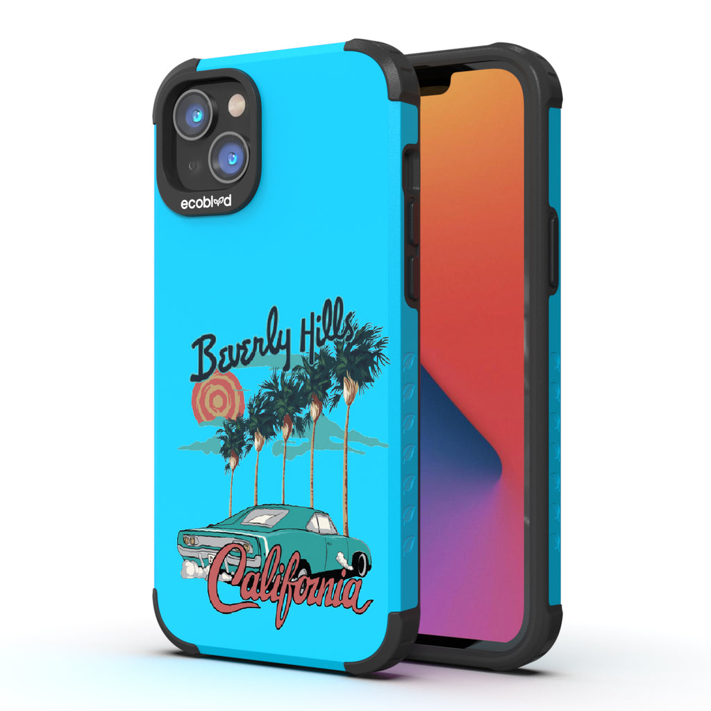 Front and back view of iPhone 14 Plus case, rugged compostable phone case in blue, 90210 design