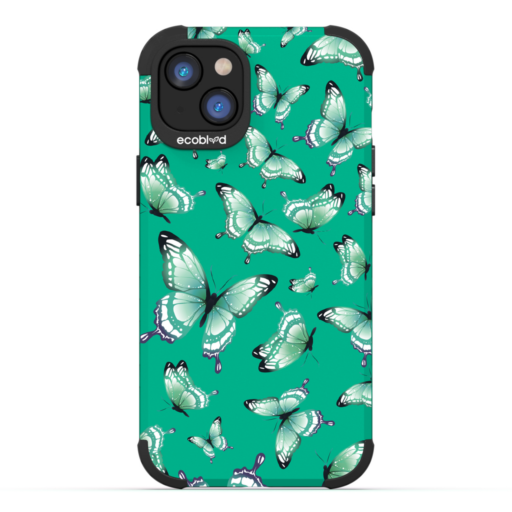 Social Butterfly - Green Rugged Eco-Friendly iPhone 14 Case With Colorful Butterflies On Back