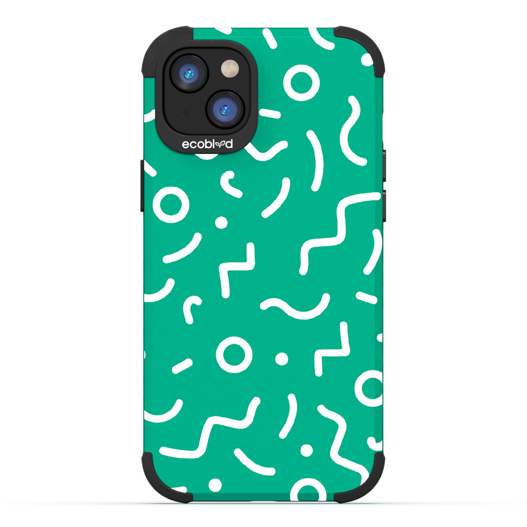90?€?s Kids  - Green Rugged Eco-Friendly iPhone 14 Plus Case With Retro 90?€?s Lines & Squiggles On Back