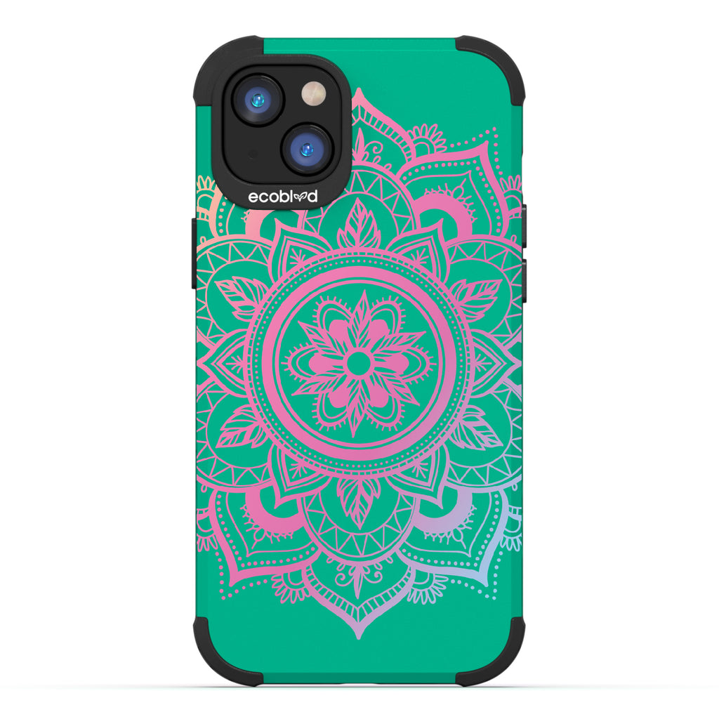 Mandala - Green Rugged Eco-Friendly iPhone 14 Plus Case With A Pink Lotus Flower Mandala On Back