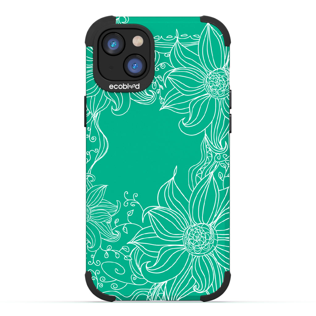 Flower Stencil - Green Rugged Eco-Friendly iPhone 14 Case With A Sunflower Stencil Line Art Design  On Back