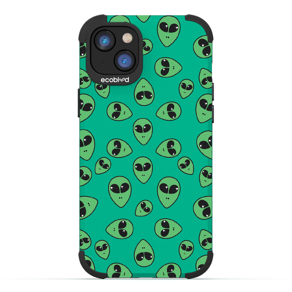 Aliens - Green Rugged Eco-Friendly iPhone 14 Case With Green Cartoon Alien Heads On Back