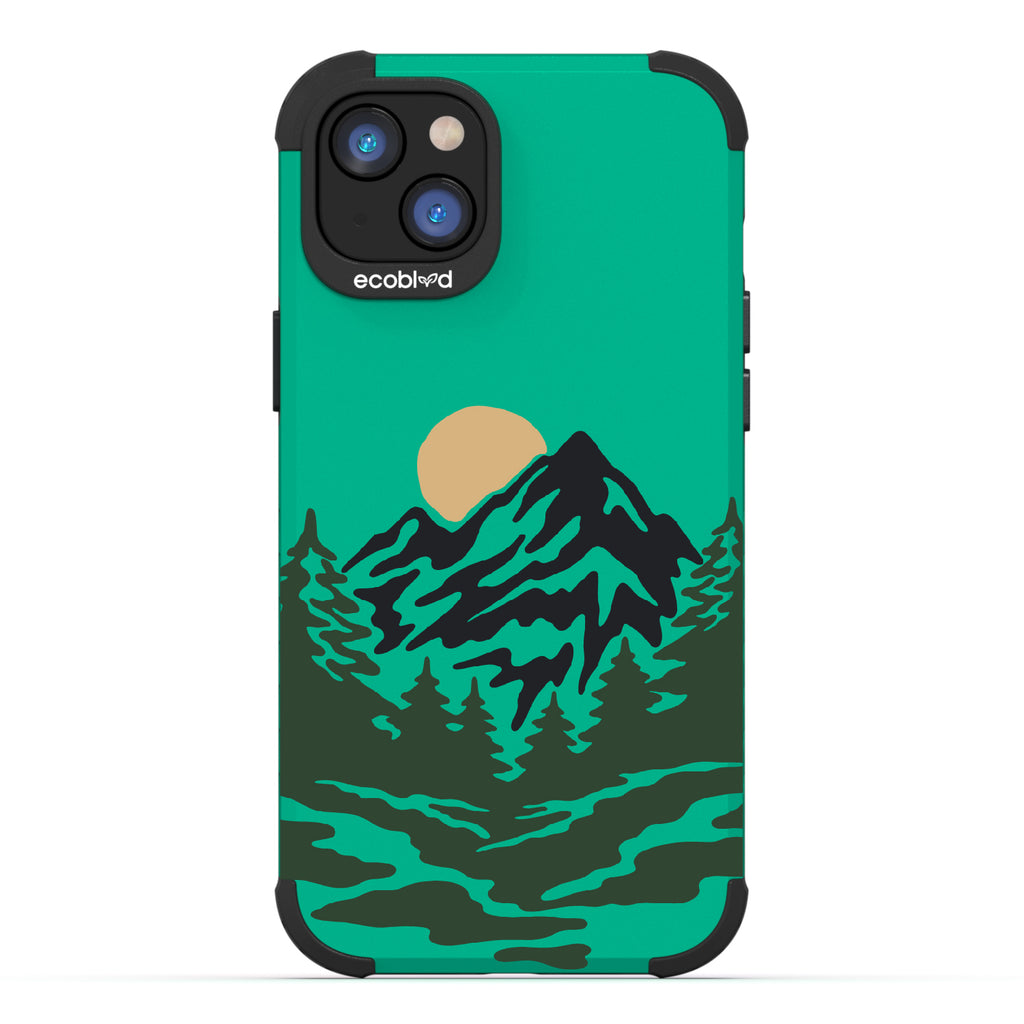 Mountains - Green Rugged Eco-Friendly iPhone 14 Case With A Minimalist Moonlit Mountain Landscape On Back