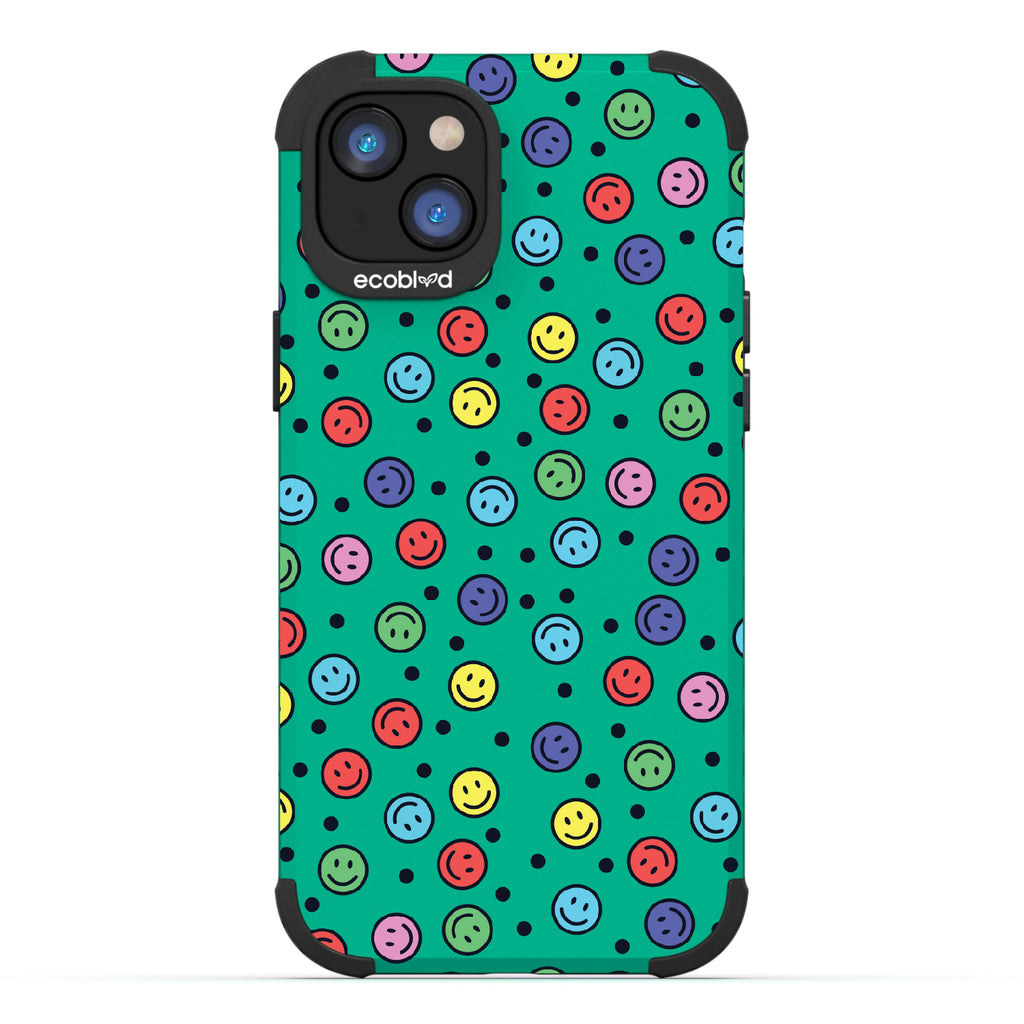 All Smiles - Green Rugged Eco-Friendly iPhone 14 Case With Multicolored Smiley Faces & Black Dots On Back