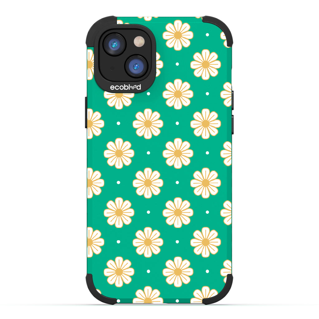 Daisy - Green Rugged Eco-Friendly iPhone 14 Case With A White Floral Pattern Of Daisies & Dots On Back