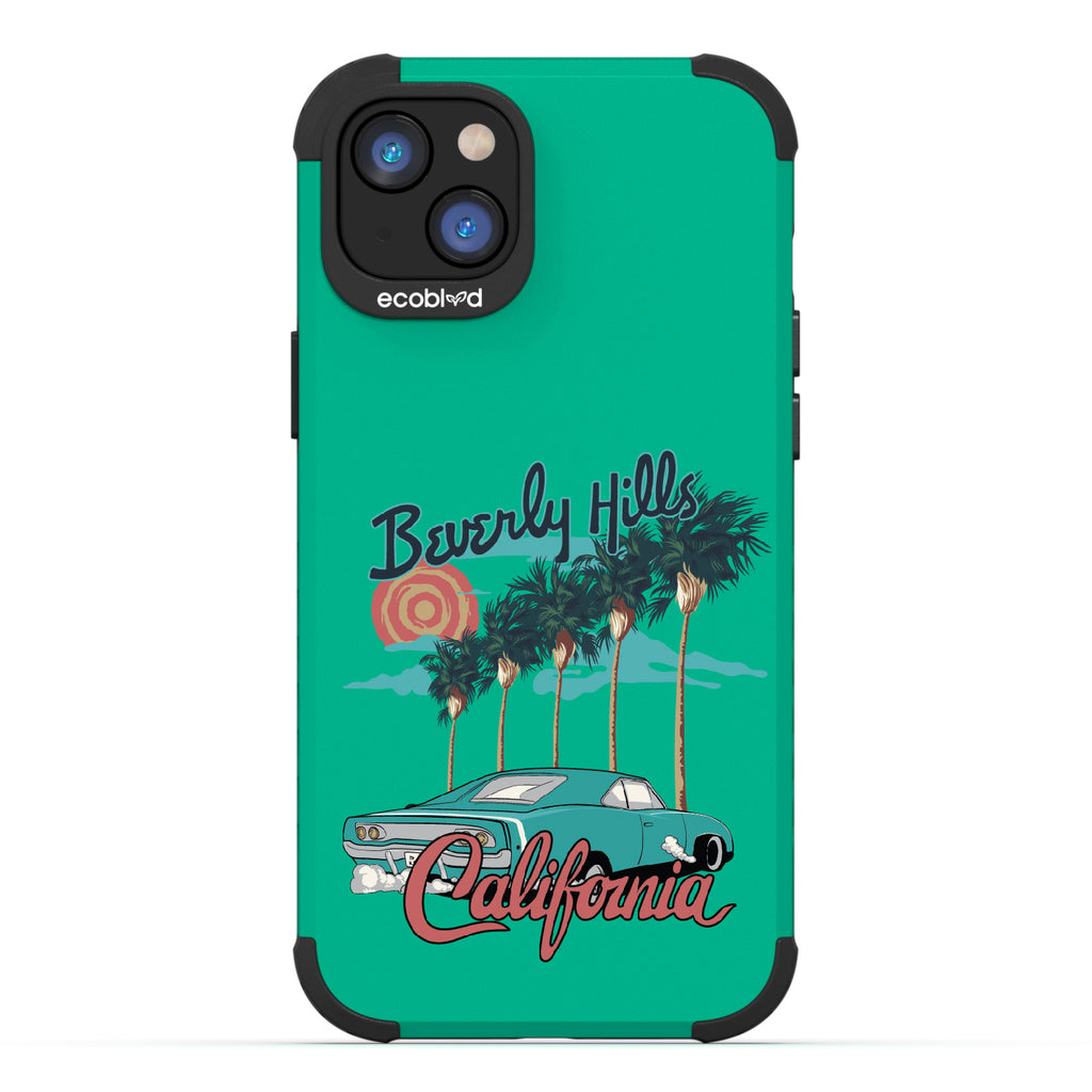 iPhone 14 Plus case, rugged compostable phone case in green, back view, 90210 design