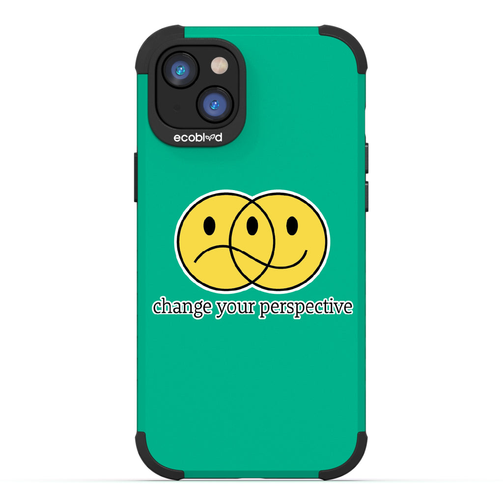 Perspective - Green Rugged Eco-Friendly iPhone 14 Case With A Happy/Sad Face & Change Your Perspective On Back