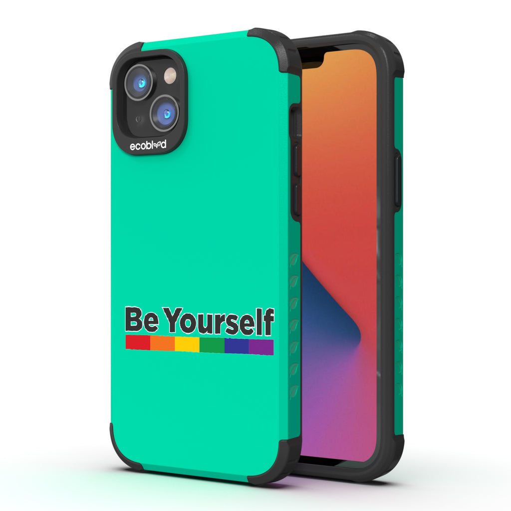Be Yourself - Back View Of Green Eco-Friendly iPhone 14 Plus Rugged Case & Front View Of Screen