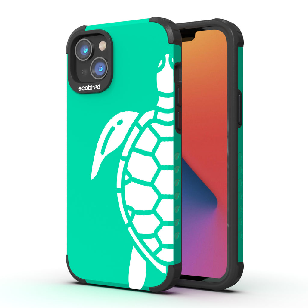 Sea Turtle - Back View Of Green & Eco-Friendly Rugged iPhone 14 Case & A Front View Of The Screen