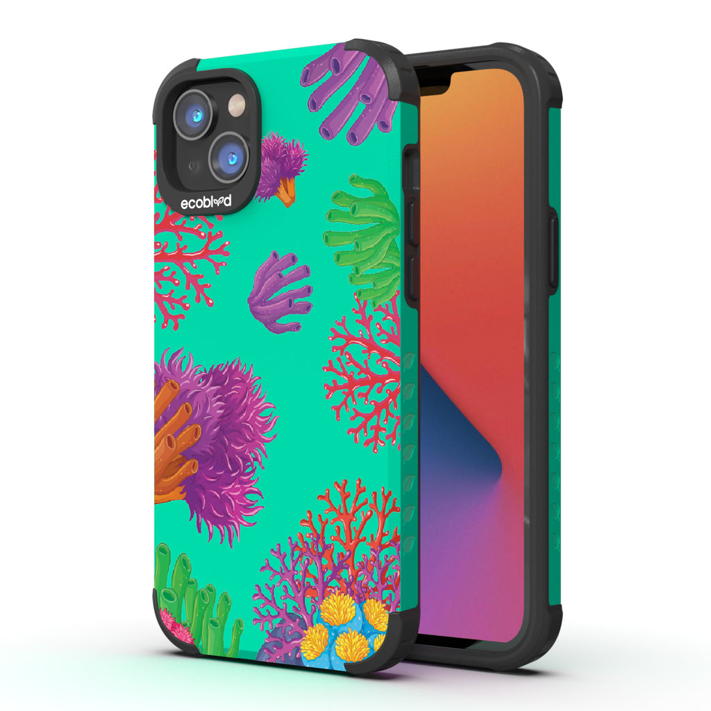Coral Reef - Back View Of Green & Eco-Friendly Rugged iPhone 14 Plus Case & A Front View Of The Screen