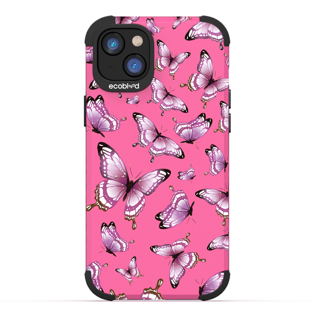 Social Butterfly - Pink Rugged Eco-Friendly iPhone 14 Case With Colorful Butterflies On Back