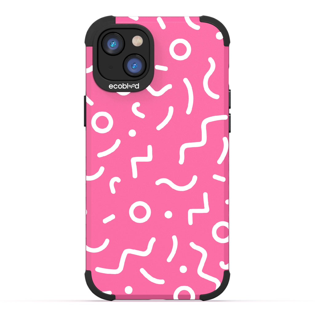 90?€?s Kids  - Pink Rugged Eco-Friendly iPhone 14 Plus Case With Retro 90?€?s Lines & Squiggles On Back