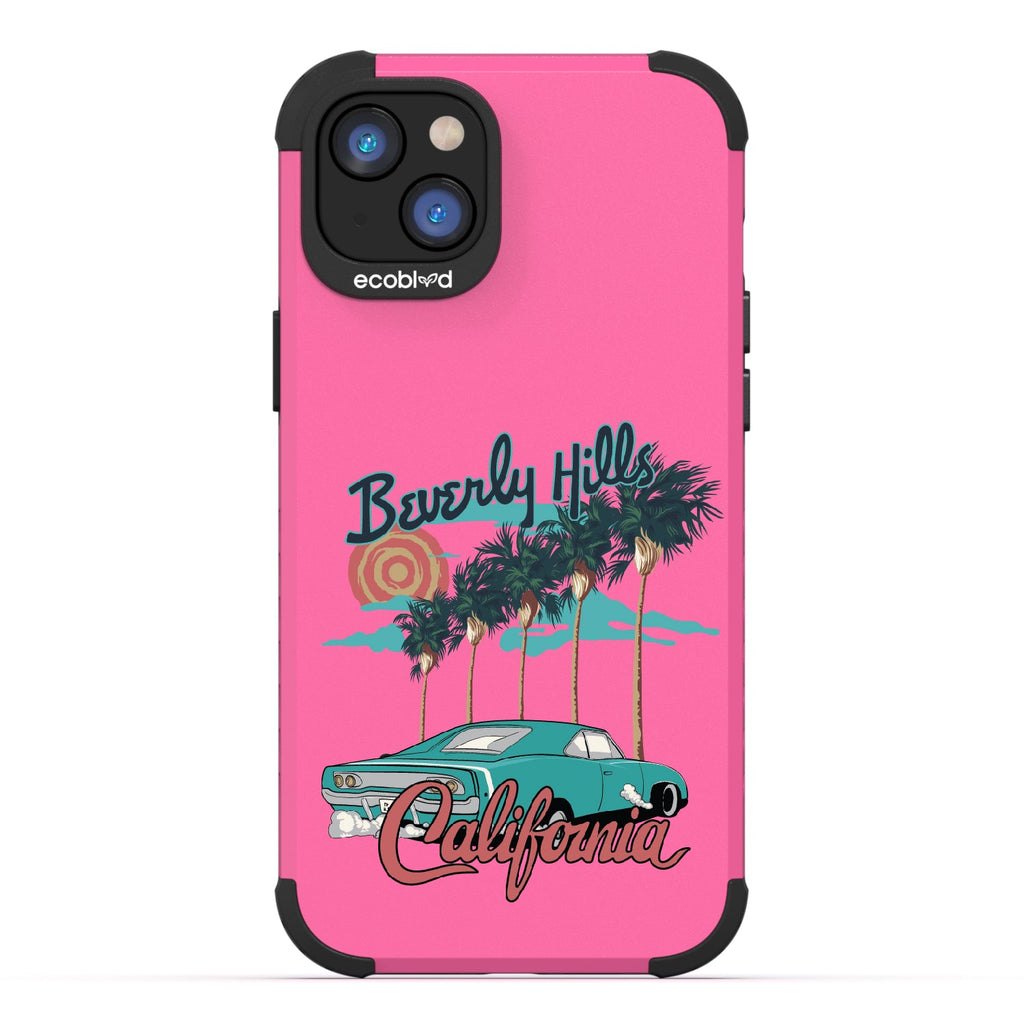 iPhone 16e, 14, 13 case, rugged compostable phone case in pink, back view, 90210 design
