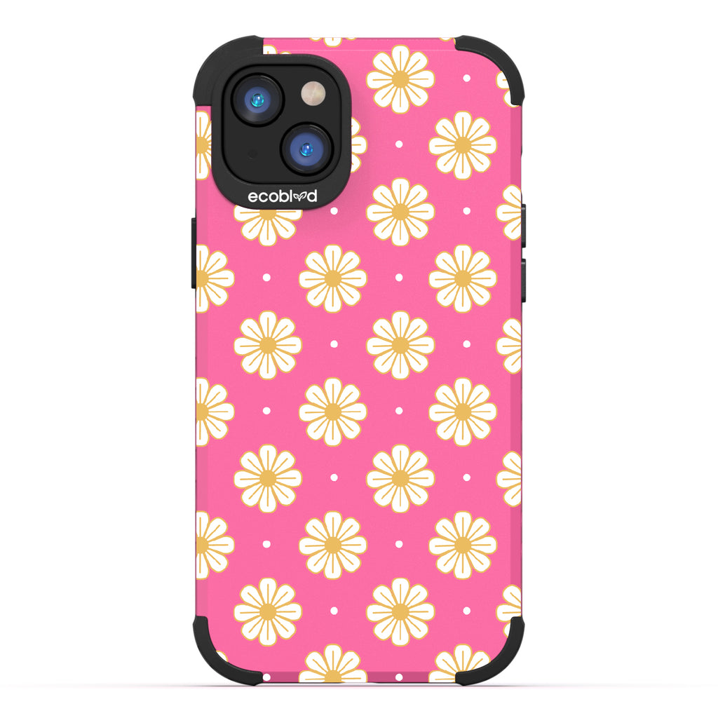  Daisy - Pink Rugged Eco-Friendly iPhone 14 Case With A White Floral Pattern Of Daisies & Dots On Back