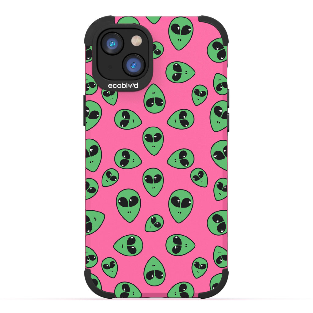 Aliens - Pink Rugged Eco-Friendly iPhone 14 Plus Case With Green Cartoon Alien Heads On Back